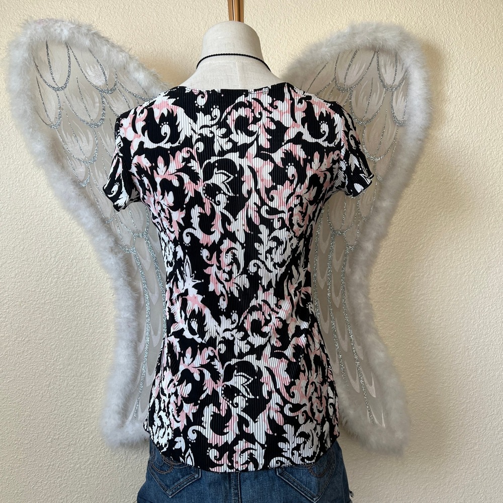 Y2K Coquette Twee Black Floral Top‎ D-ring Cap Sleeve Sleeve Black Pink Layered - Picture 3 of 7